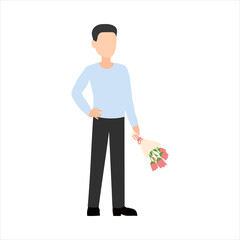 Smiling Young Man with Bouquet of Tulip Flowers Flat Vector Illustration