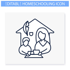 Writing lesson line icon. Child learns handwriting with mom. Home education concept. Distant remote teaching and homeschooling. Editable vector illustration 