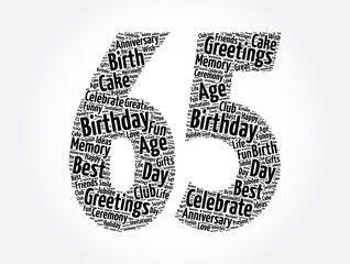 Happy 65th birthday word cloud, holiday concept background