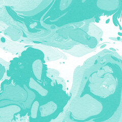 Aqua marble ink texture on watercolor paper background. Marble stone image. Bath bomb effect. Psychedelic biomorphic art.