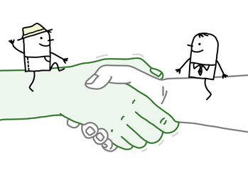 Cartoon Gardener and Businessman sitting on a big Handshake