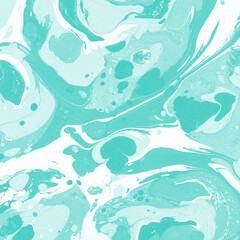Aqua marble ink texture on watercolor paper background. Marble stone image. Bath bomb effect. Psychedelic biomorphic art.