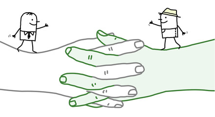 Cartoon Gardener and Businessman walking on big Crossed Hands