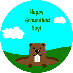 Groundhog day. Emblem. The marmot crawls out of the hole.
