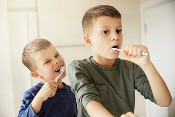 boy brushing teeth dental toothbrush daily habit routine child hygiene health care brother brush...