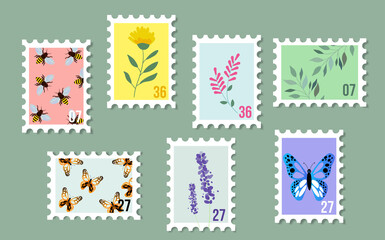 Set of new postage stamps with flowers and flowers