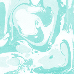 Aqua marble ink texture on watercolor paper background. Marble stone image. Bath bomb effect. Psychedelic biomorphic art.