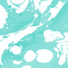 Aqua marble ink texture on watercolor paper background. Marble stone image. Bath bomb effect. Psychedelic biomorphic art.