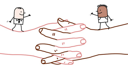 Cartoon Black and White Men walking on big Crossed Hands © NLshop
