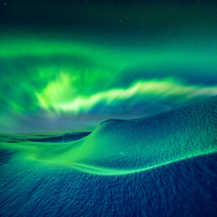 Aurora borealis over fantastic winter landscape in snowy mountains. Dramatic wintry scene with...