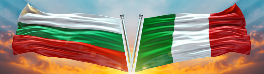 Double Flag Italy and Bulgaria flag waving flag with texture sky Cloud and sunset background