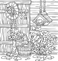 Vector illustration for coloring, for greeting cards, posters, stickers, design. Vector black and white picture antistress with a door, hat, flowers, boots, a pot, wooden boards, garden tools