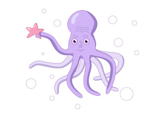 Octopus with starfish. Sea dweller. Purple. Isolated.