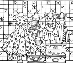 Black and white picture coloring antistress with beautiful dresses, suitcases, patterned wallpaper.Vector illustration for art therapy, coloring, for greeting cards, posters, stickers, design.