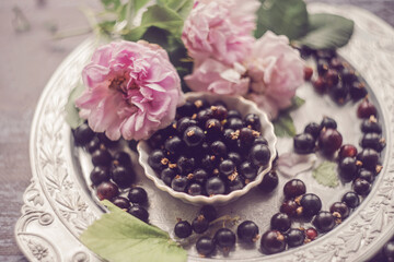 currants and rosehip flowers on an old vintage tray, garden roses, garden still life