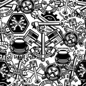 Seamless pattern with auto repair design elements in monochrome style. Design element for poster, card, banner.