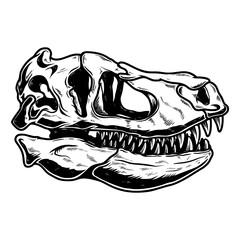 Illustration of skull of Tyrannosaurus dinosaur in vintage monochrome style. Design element for logo, emblem, sign, poster, card, banner. © liubov