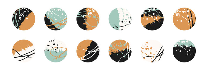 Grunge design set. Abstract circles. Round shape grungy elements collection. Grunge ink splatter. Paint stains. Quirky scribble stickers.