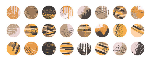 Grunge design set. Abstract circles. Round shape grungy elements collection. Grunge ink splatter. Paint stains. Quirky scribble stickers.