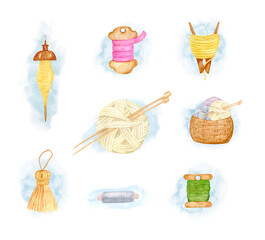 Watercolor set with a basket of threads a clothespin a spindle, knitting threads and needles a satin ribbon on a bobbin and a thread tassel. Hand draw object. Design for needlework craft patchwork