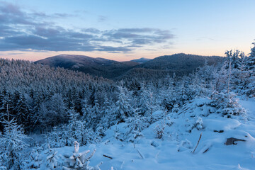 The highest mountain in the Beskydy - Lysa hora (Bald mountain) in winter during sunrise czech