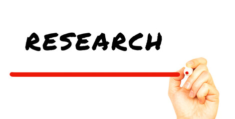 Hand writing RESEARCH with red marker. Isolated on white background.