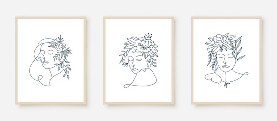 Fototapeta na wymiar set of woman portraits line art floral frame