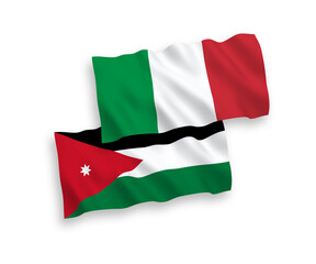 National vector fabric wave flags of Italy and Hashemite Kingdom of Jordan isolated on white background. 1 to 2 proportion.
