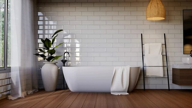 Animation of modern contemporary bathroom with empty tile wall  3d render. Room with wood floors. white brick pattern tile walll. With large windows overlooking the nature