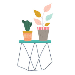 A cactus flower on a pedestal in flat Scandinavian hooge style are isolated on a white background. Vector illustration of plants and flowers in handdraw drawing, for interior Scandinavian illustration