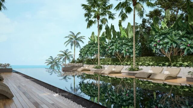 Animation of tropical style black swimming pool terrace with sea view 3d render,There has wooden floors,decorate with rattan pool bed surrounded with rainforest tree.Looking out to nature view.