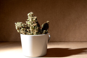 Ready to consume medical marihuana buds inside a coffee cup. Selective focus.