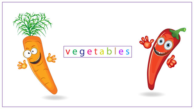Vector illustration of colored vegetables with eyes, mouths and hands. Carrots, peppers. EPS 10.