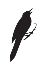 Black silhuette of bird singing on branch. Simple decorative vector illustration of birdsong for spring and summer, isolated on white background