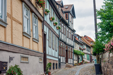 Medieval road and cityscape of German Quedlinburg