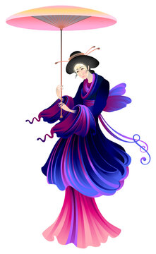 The stylized image of a Japanese girl with an umbrella. Geisha. Vector graphics