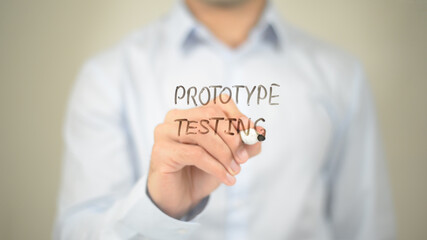 Protype Testing , Man writing on transparent screen