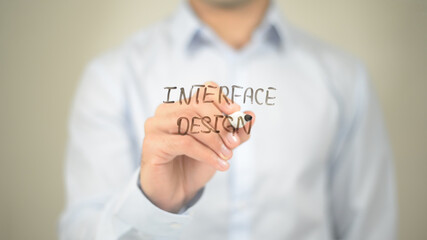 Interface Design , Man writing on transparent screen