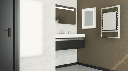 Scandinavian bathroom, classic  vintage interior design. 3D rendering.. Blank paintings.  Mockup.