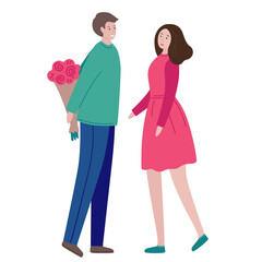 Man gives flowers to woman. Young man giving to woman bouquet of flowers for Valentine's day. Happy romantic couple in love. Vector flat cartoon illustration isolated on a white background.