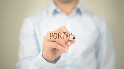 Portal , Man writing on transparent screen