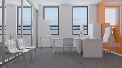 Modern office building interior. 3D rendering.