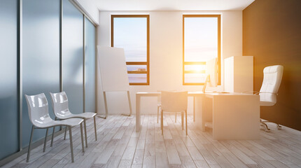Modern office building interior. 3D rendering.. Sunset.
