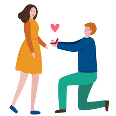 A man with engagement ring standing on one knee makes a proposal of marriage to his girlfriend. Man and woman are in love. Young couple engaged. Vector flat illustration isolated on a white background