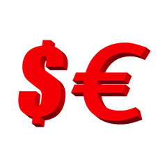Dollar and euro pink on a white background 3d, vector