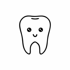 Funny tooth with a cute face. Vector illustration for children on the topic of dentistry. Health and hygiene of the oral cavity. A tooth drawn with a black line by hand.