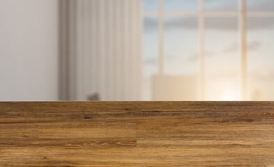 Front view of an office interior with a row of dark wood tables. 3D rendering.. Sunset. Abstract blur phototography. wooden table on blurred background.