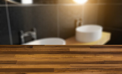 black tiled bathroom. large window with shutters. 3D rendering.. Sunset.. Abstract blur phototography. wooden table on blurred background.