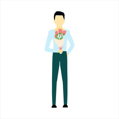 Smiling Young Man with Bouquet of Tulip Flowers Flat Vector Illustration