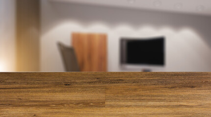 Conference room with wooden table. 3D rendering.. Sunset.. Abstract blur phototography. wooden table on blurred background.